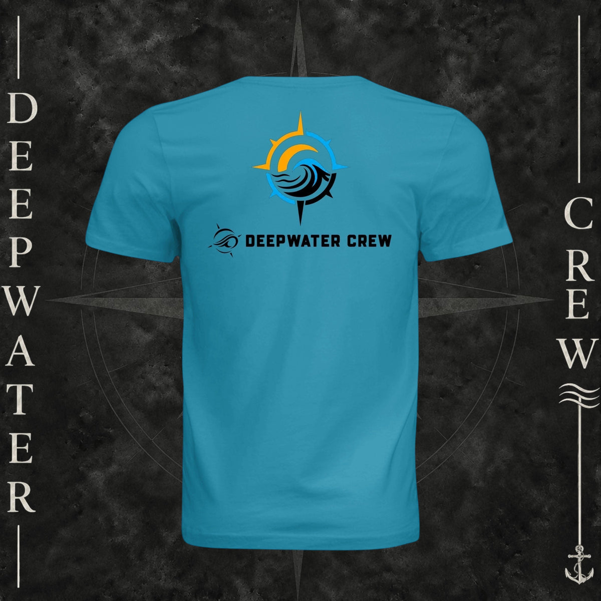 Aqua Deepwater Crew Co. Horizon crewneck T-shirt, back view with compass star, sun, and wave design above Deepwater Crew lettering.