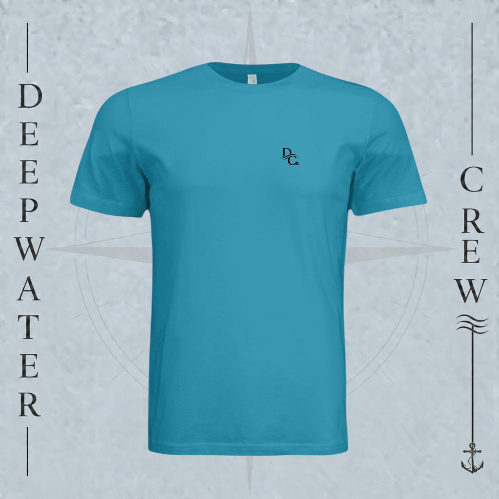 Aqua Deepwater Crew Co. Horizon crewneck T-shirt, front view with small DC wave chest logo.