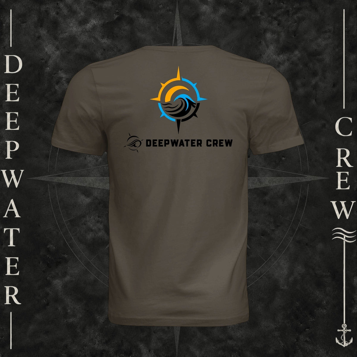 Army Deepwater Crew Co. Horizon crewneck T-shirt, back view with compass star, sun, and wave design above Deepwater Crew lettering.