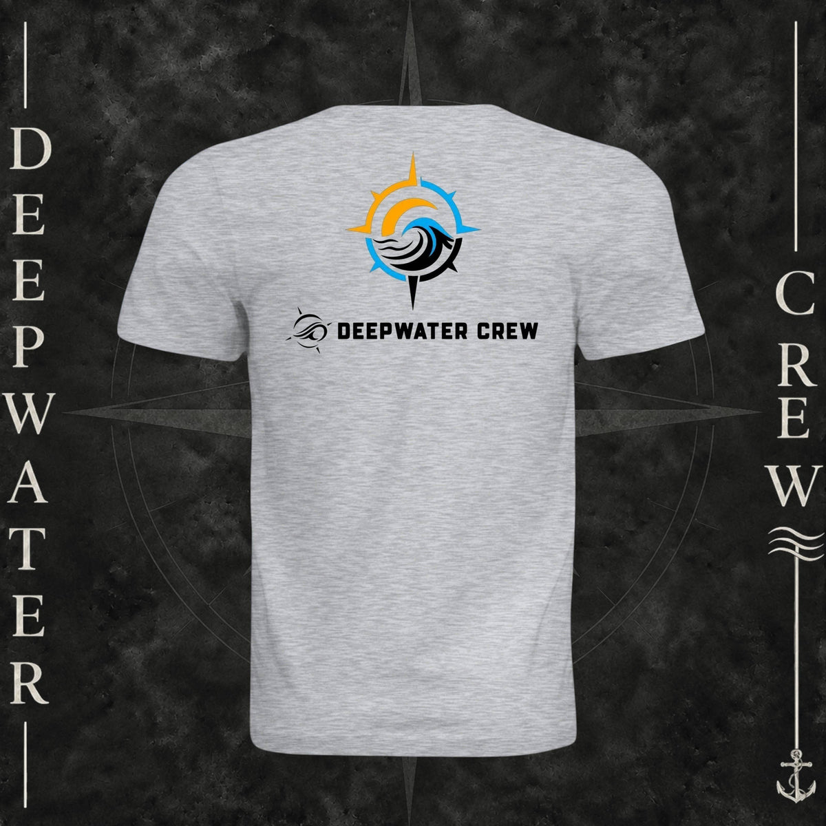 Ash Deepwater Crew Co. Horizon crewneck T-shirt, back view with compass star, sun, and wave design above Deepwater Crew lettering.
