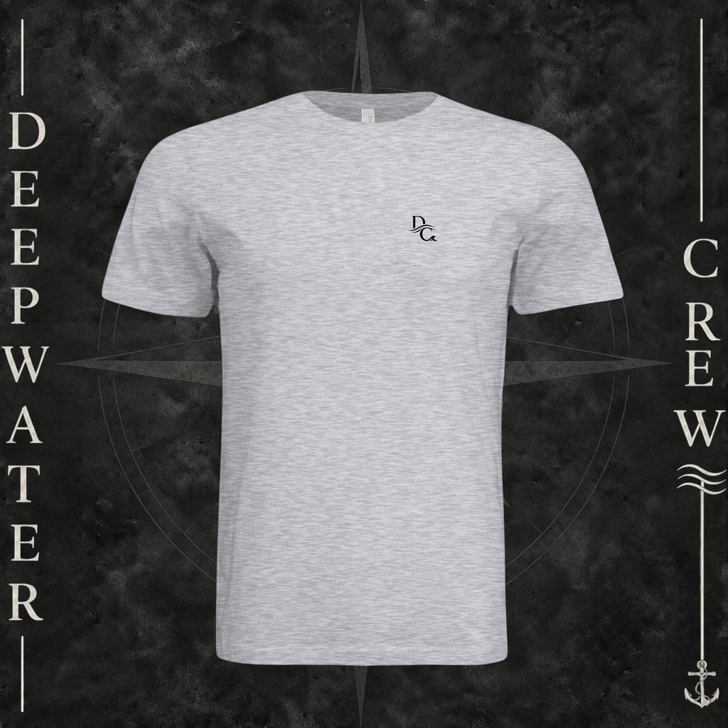 Ash Deepwater Crew Co. Horizon crewneck T-shirt, front view with small DC wave chest logo.