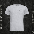 Ash Deepwater Crew Co. Horizon crewneck T-shirt, front view with small DC wave chest logo.