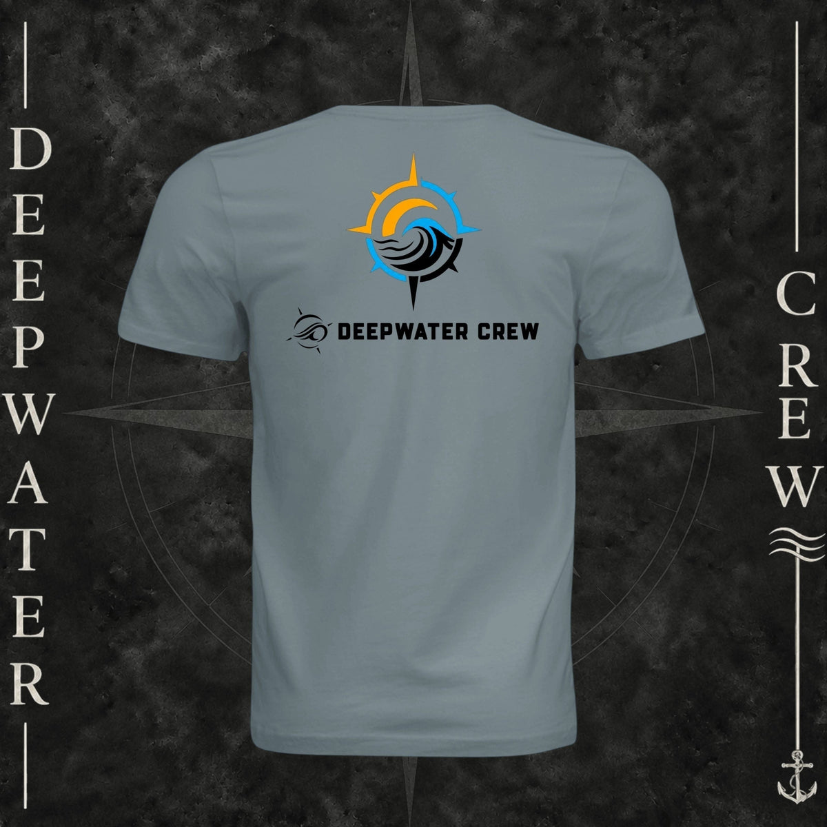Blue Storm Deepwater Crew Co. Horizon crewneck T-shirt, back view with compass star, sun, and wave design above Deepwater Crew lettering.