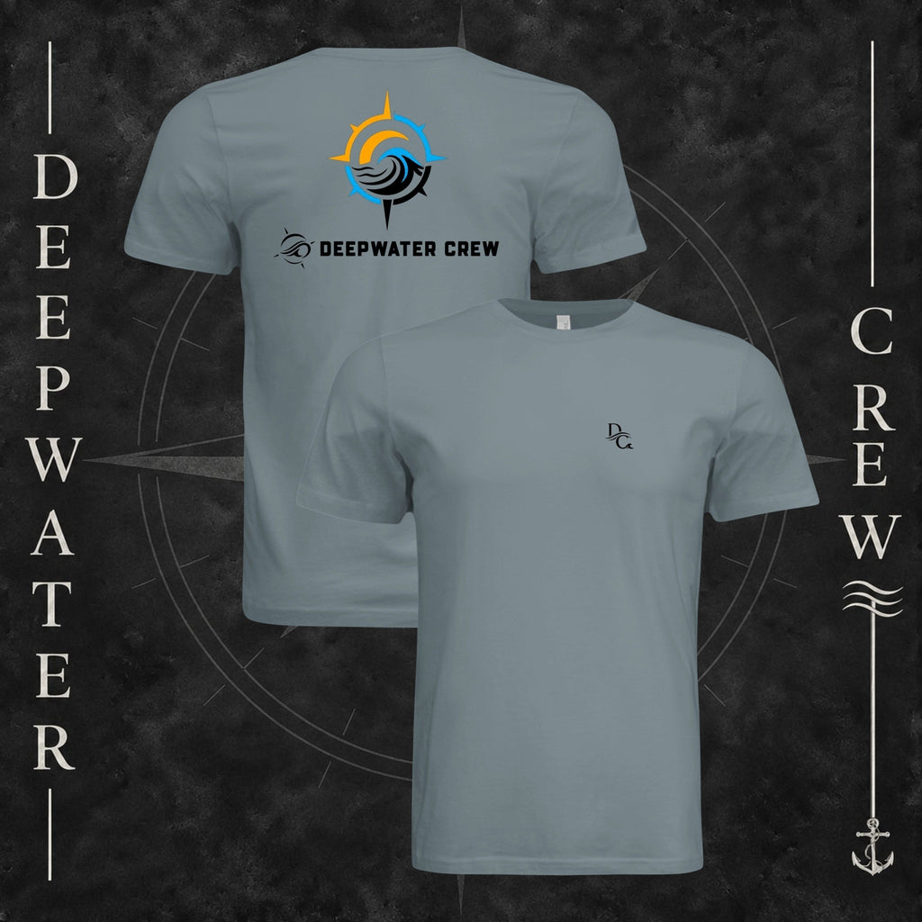 Blue Storm Deepwater Crew Co. Horizon crewneck T-shirt showing front and back views, with small DC wave chest logo and compass star, sun, and wave design above Deepwater Crew lettering.