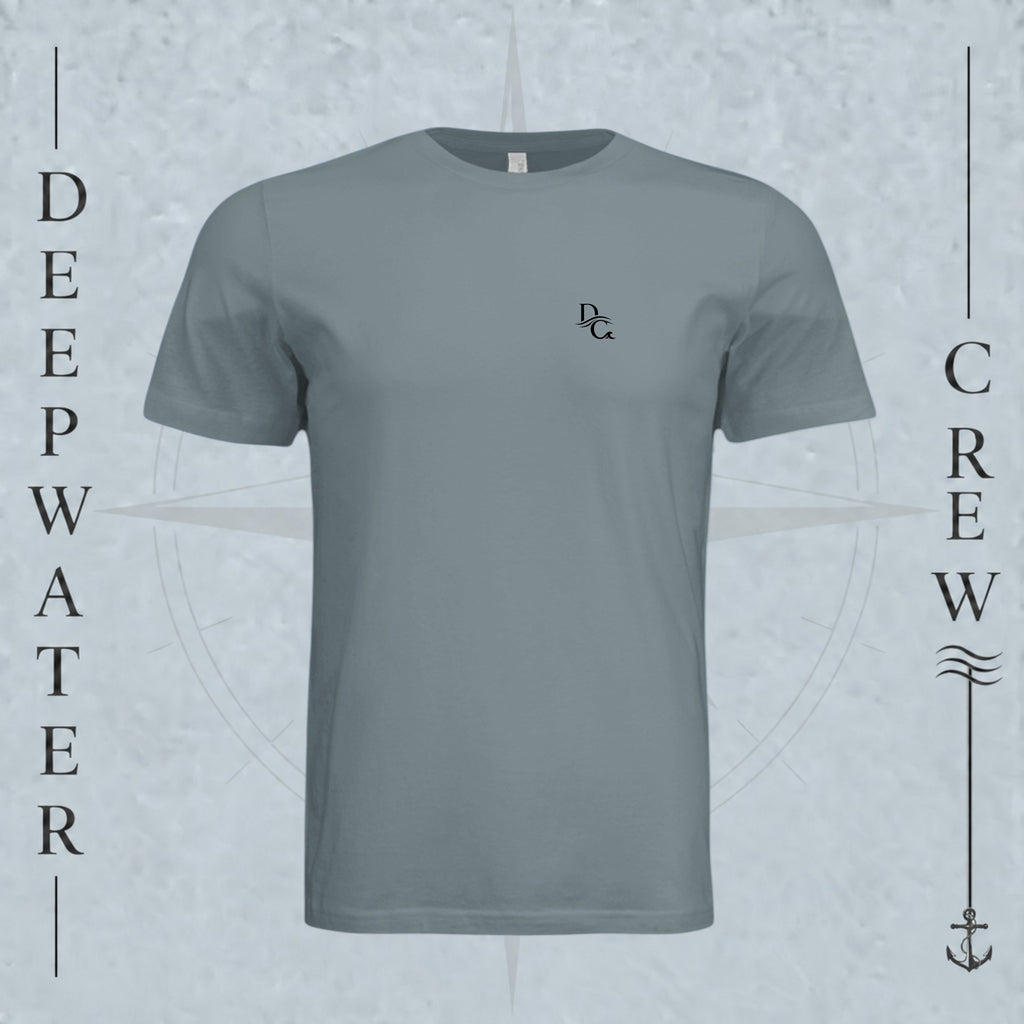 Blue Storm Deepwater Crew Co. Horizon crewneck T-shirt, front view with small DC wave chest logo.