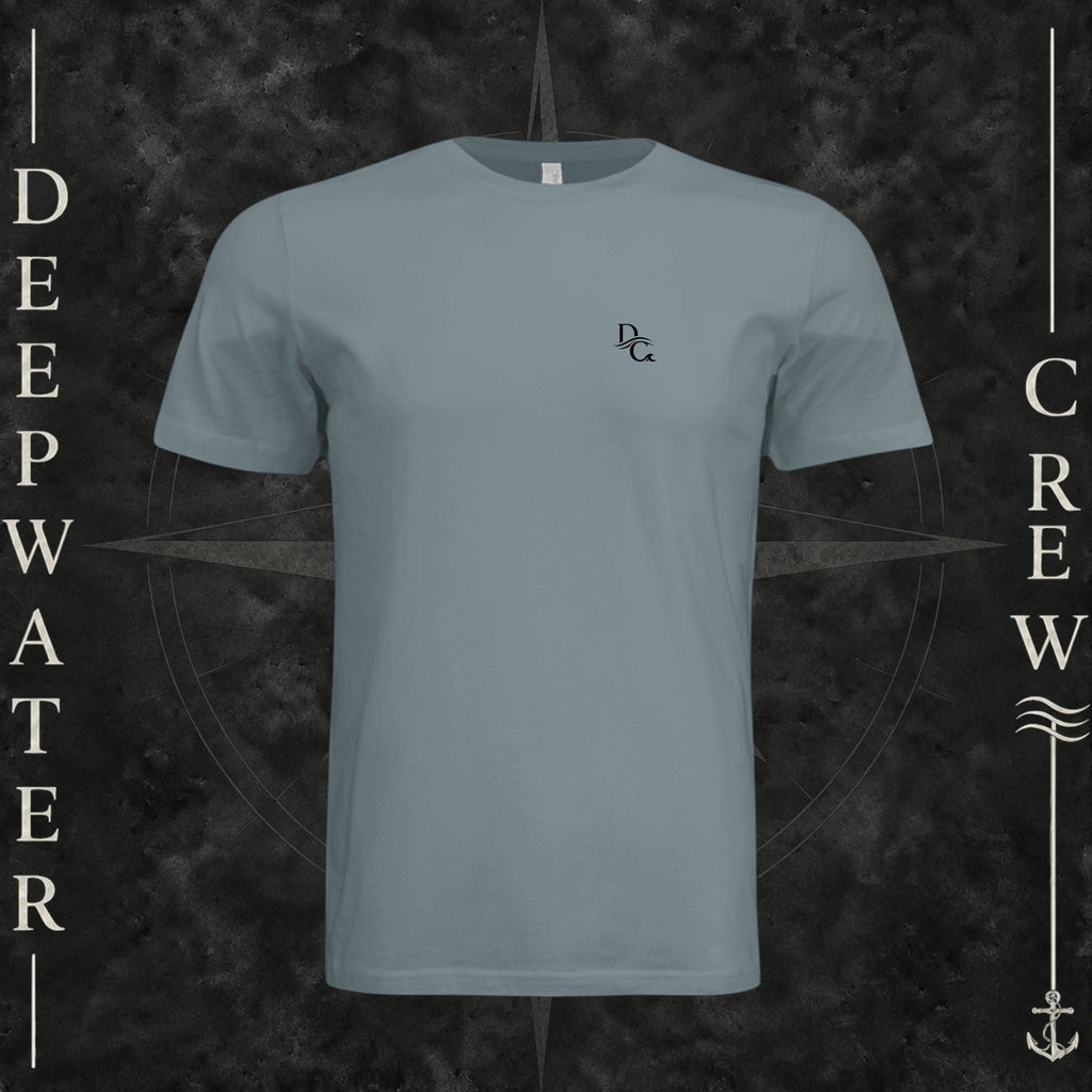 Blue Storm Deepwater Crew Co. Horizon crewneck T-shirt, front view with small DC wave chest logo.