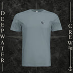 Blue Storm Deepwater Crew Co. Horizon crewneck T-shirt, front view with small DC wave chest logo.