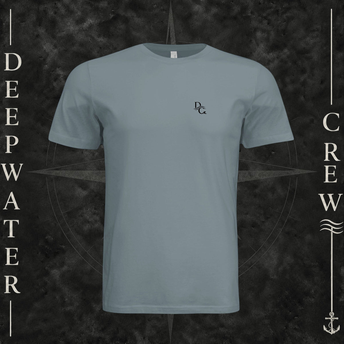 Blue Storm Deepwater Crew Co. Horizon crewneck T-shirt, front view with small DC wave chest logo.