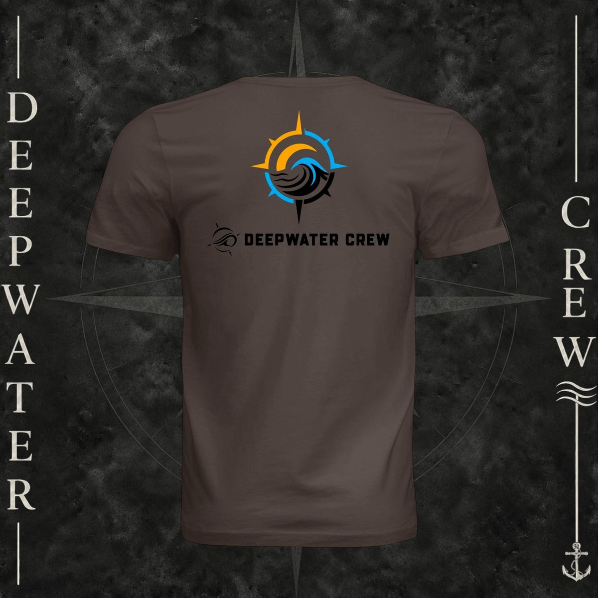 Brown Deepwater Crew Co. Horizon crewneck T-shirt, back view with compass star, sun, and wave design above Deepwater Crew lettering.