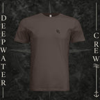 Brown Deepwater Crew Co. Horizon crewneck T-shirt, front view with small DC wave chest logo.
