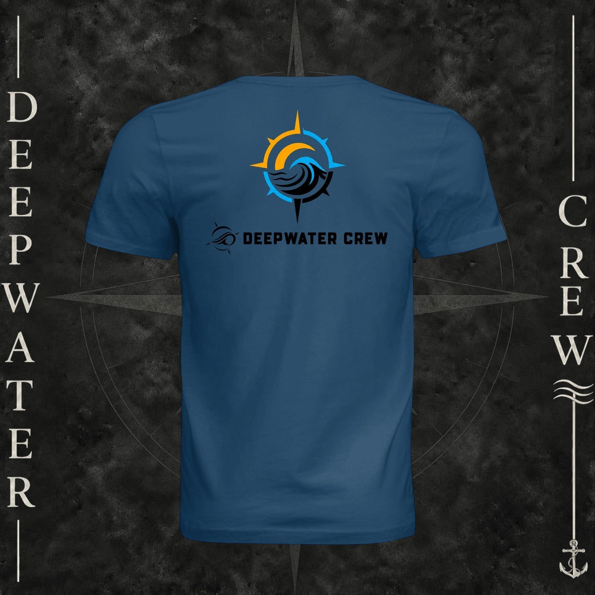 Cool Blue Deepwater Crew Co. Horizon crewneck T-shirt, back view with compass star, sun, and wave design above Deepwater Crew lettering.