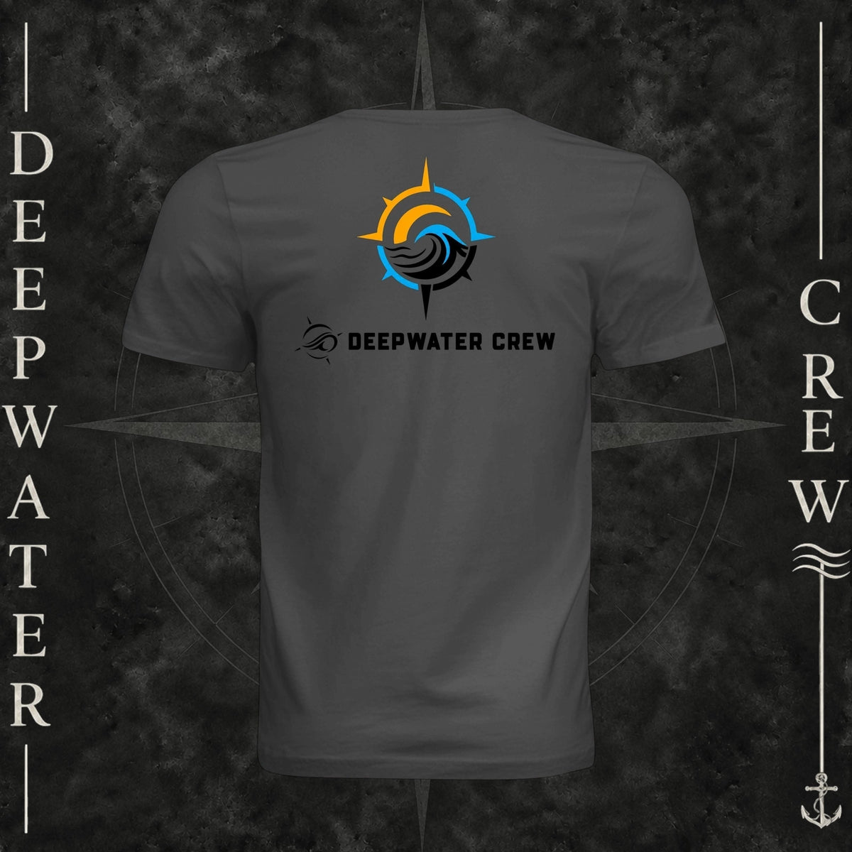 Dark Gray Deepwater Crew Co. Horizon crewneck T-shirt, back view with compass star, sun, and wave design above Deepwater Crew lettering.