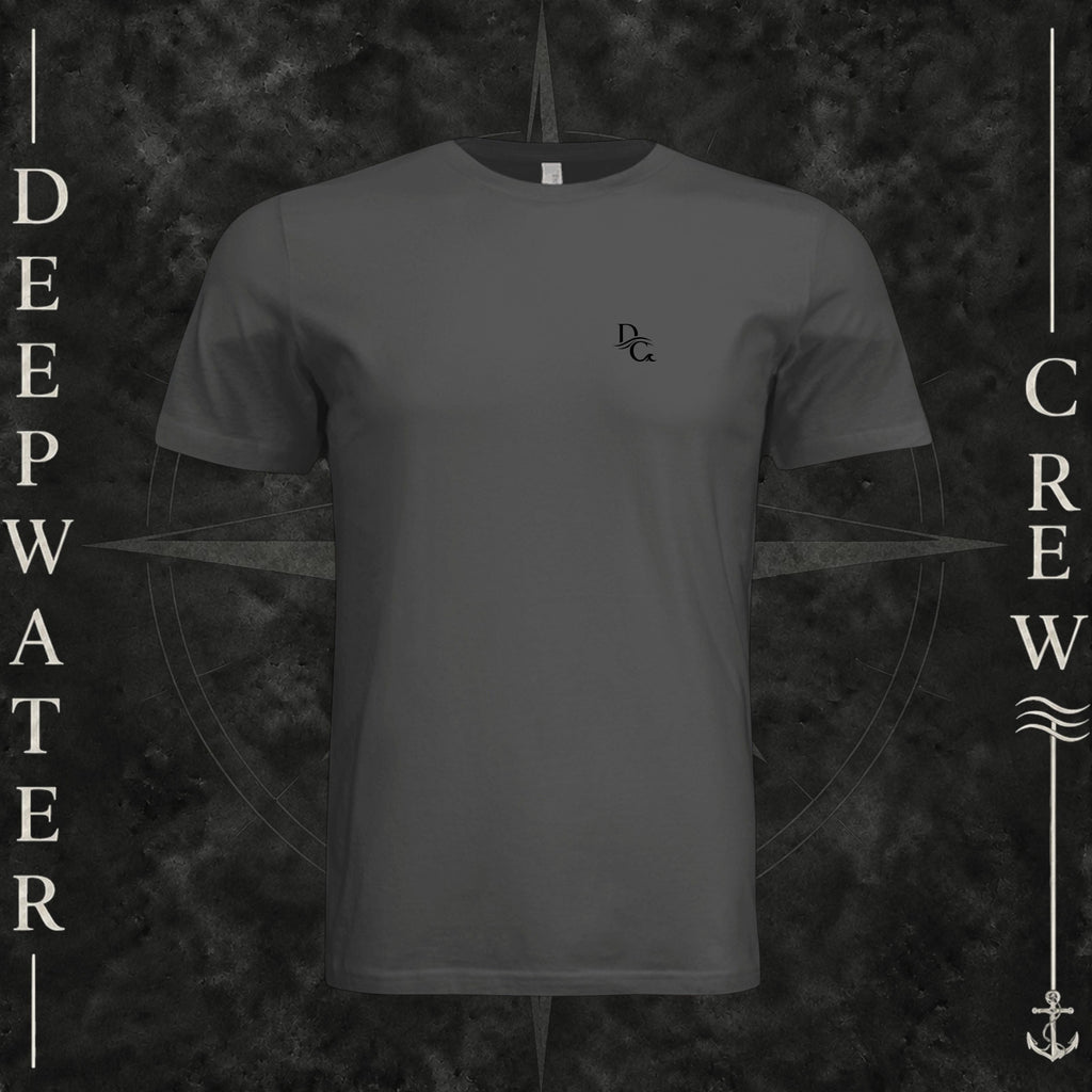 Dark Gray Deepwater Crew Co. Horizon crewneck T-shirt, front view with small DC wave chest logo.