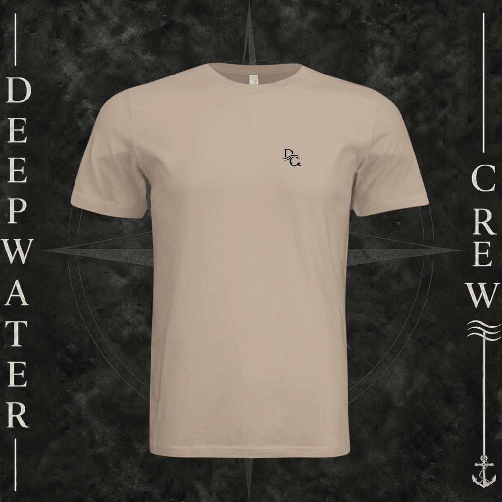 Dust Deepwater Crew Co. Horizon crewneck T-shirt, front view with small DC wave chest logo.