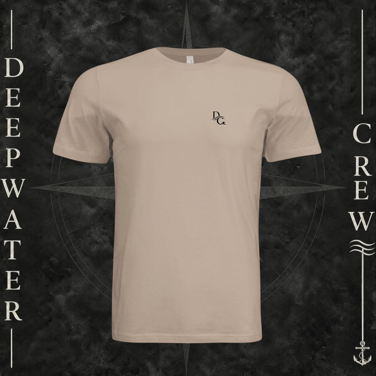 Dust Deepwater Crew Co. Horizon crewneck T-shirt, front view with small DC wave chest logo.