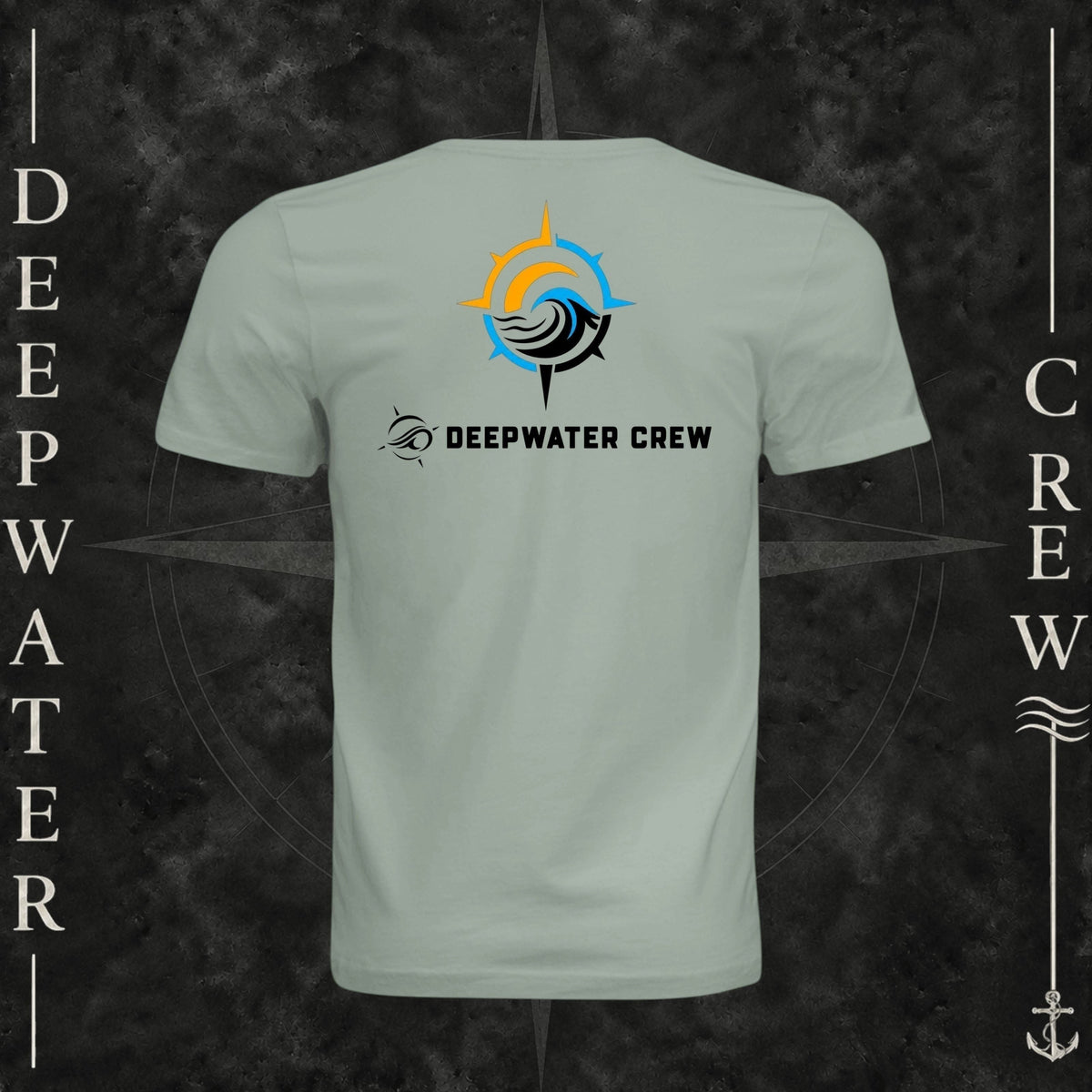Dusty Blue Deepwater Crew Co. Horizon crewneck T-shirt, back view with compass star, sun, and wave design above Deepwater Crew lettering.