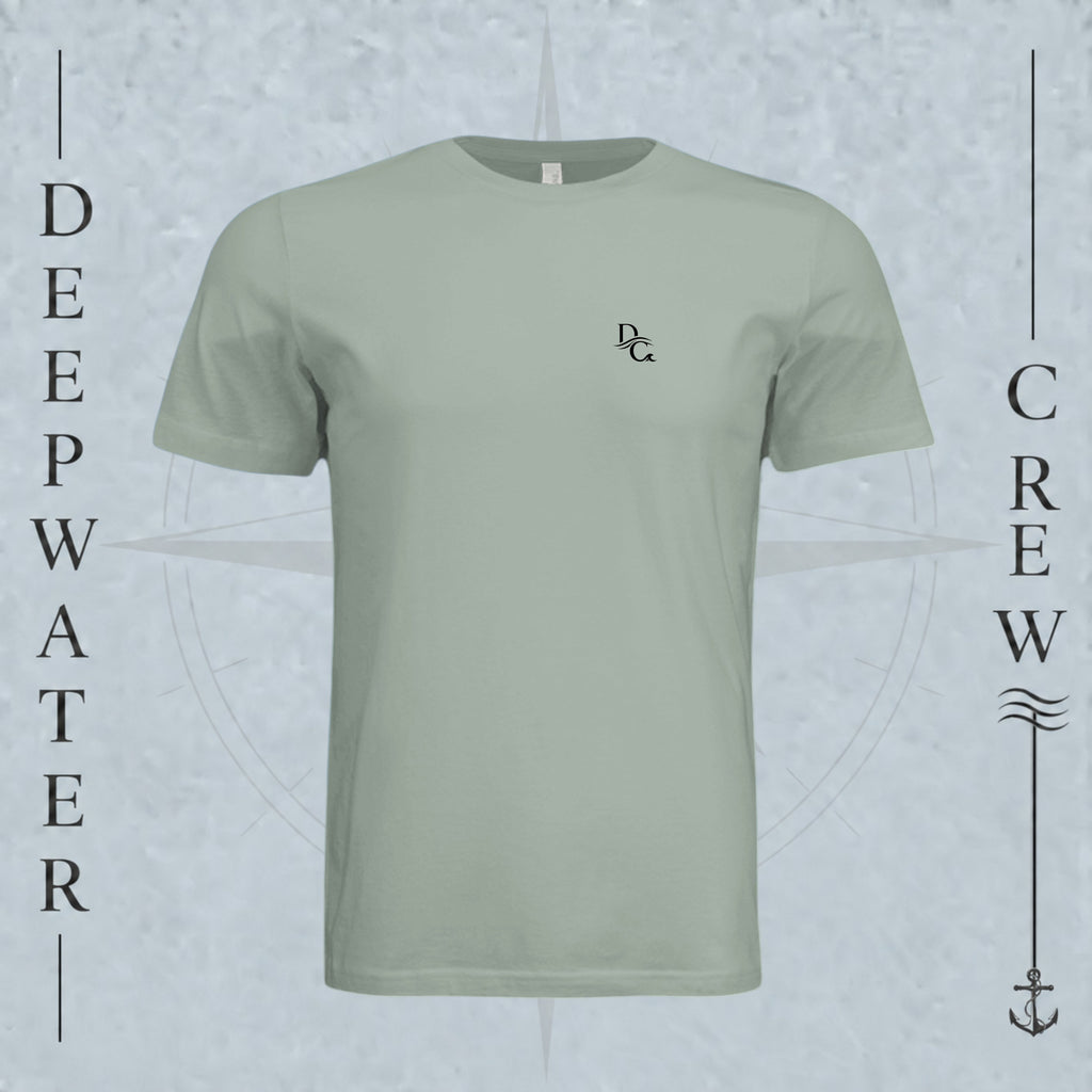Dusty Blue Deepwater Crew Co. Horizon crewneck T-shirt, front view with small DC wave chest logo.