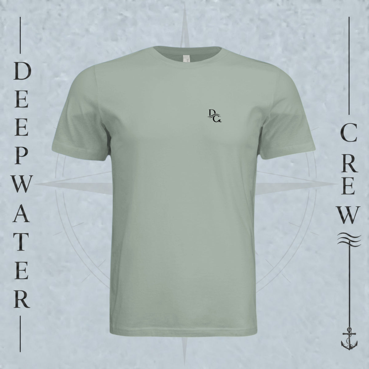 Dusty Blue Deepwater Crew Co. Horizon crewneck T-shirt, front view with small DC wave chest logo.