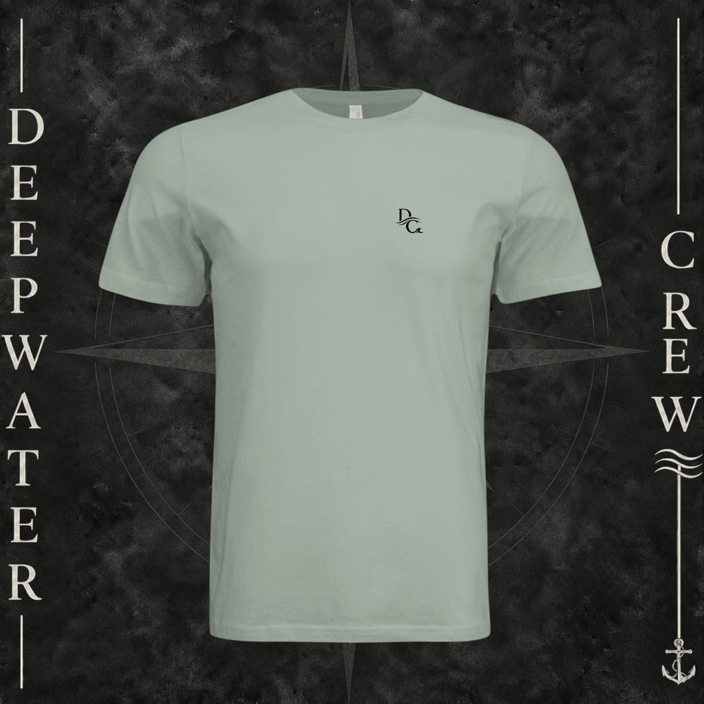 Dusty Blue Deepwater Crew Co. Horizon crewneck T-shirt, front view with small DC wave chest logo.