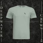 Dusty Blue Deepwater Crew Co. Horizon crewneck T-shirt, front view with small DC wave chest logo.