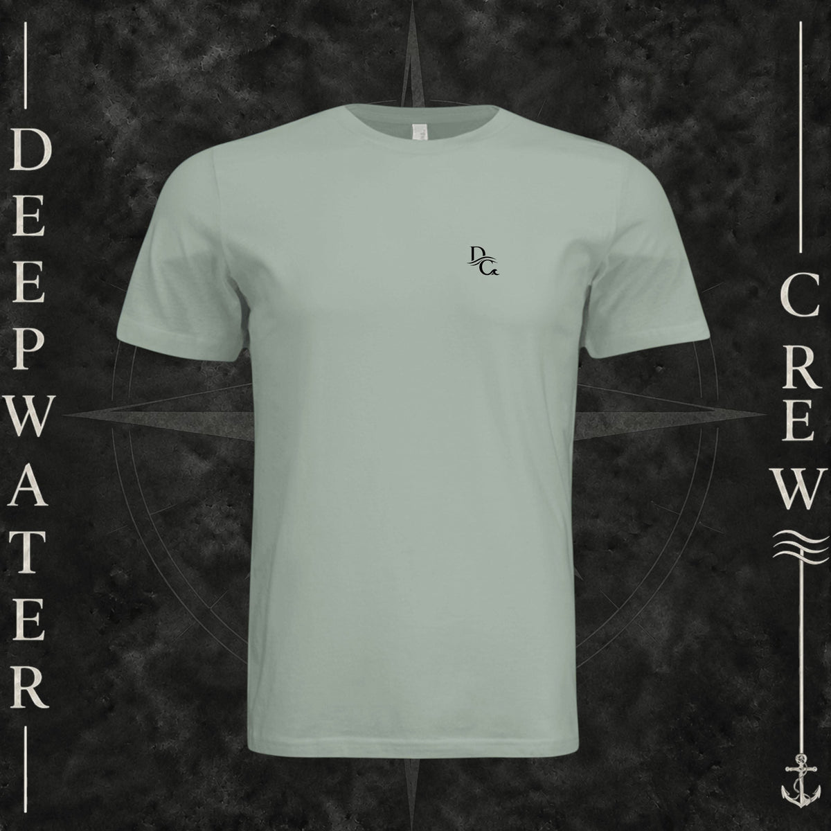 Dusty Blue Deepwater Crew Co. Horizon crewneck T-shirt, front view with small DC wave chest logo.