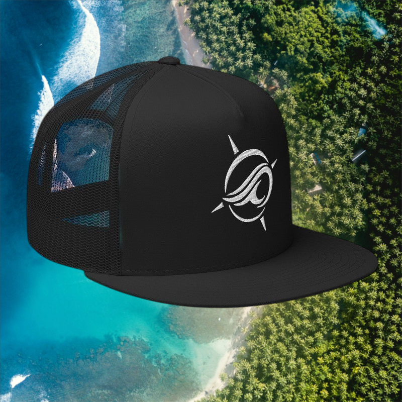 Black Deepwater Crew Co. Horizon five-panel flat-bill trucker hat with black mesh back and white embroidered wave-and-compass logo.