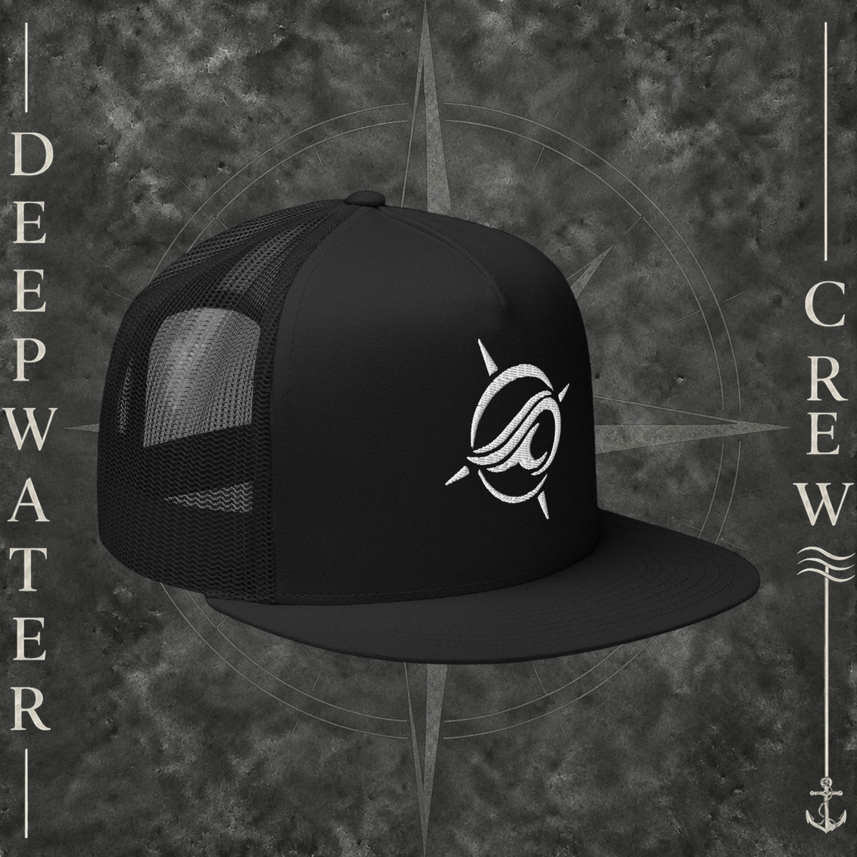 Black Deepwater Crew Co. Horizon five-panel flat-bill trucker hat with black mesh back and white embroidered wave-and-compass logo.