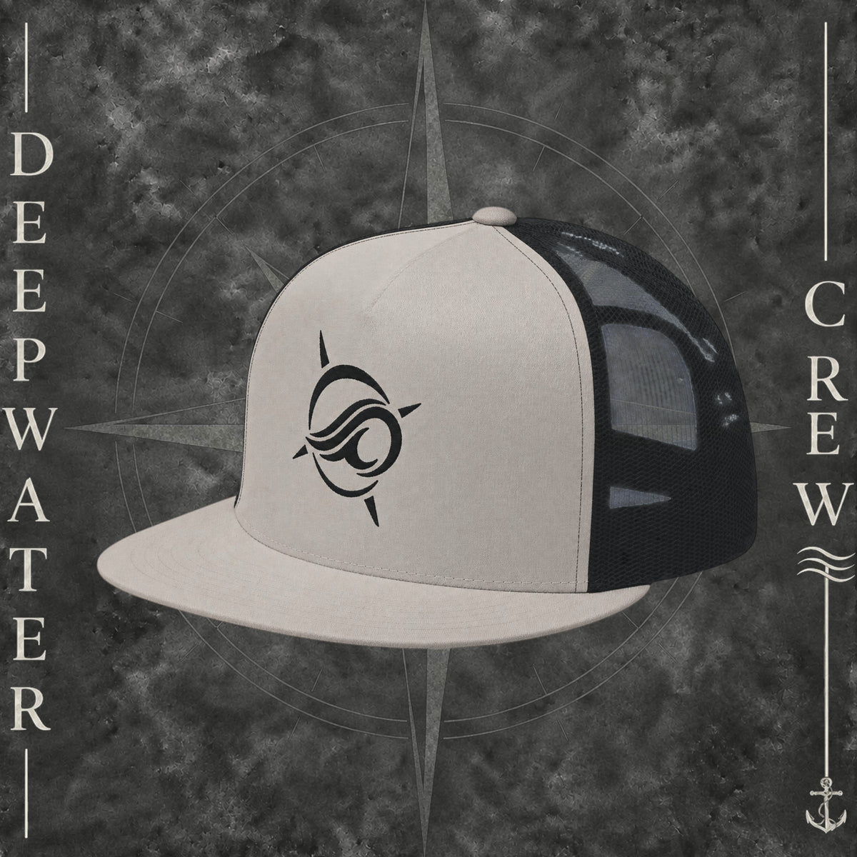 Black and silver Deepwater Crew Co. Horizon five-panel flat-bill trucker hat with black mesh back, tan front and bill, and black embroidered wave-and-compass logo.