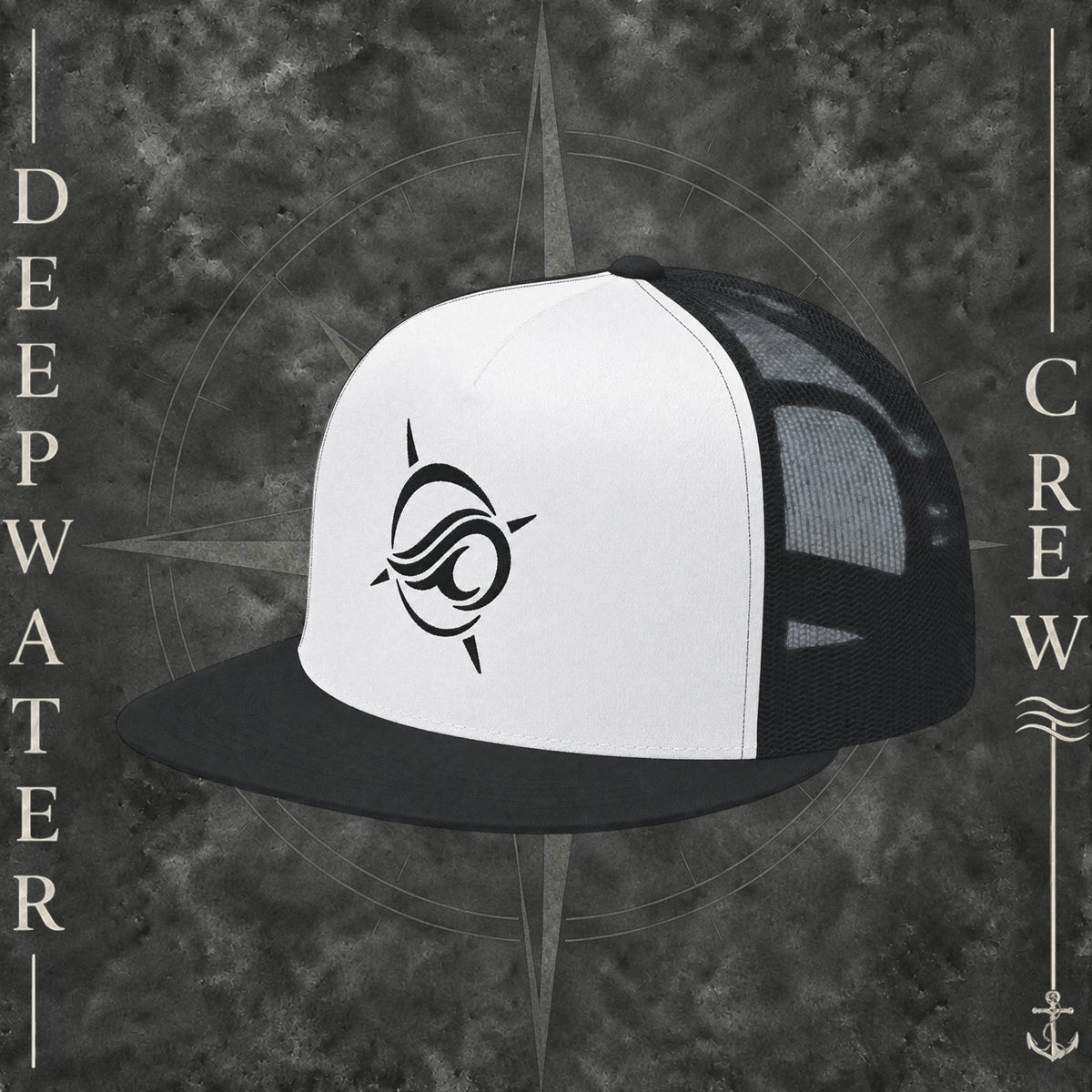 Black and white Deepwater Crew Co. Horizon five-panel flat-bill trucker hat with black mesh back and bill, white front panel, and black embroidered wave-and-compass logo.