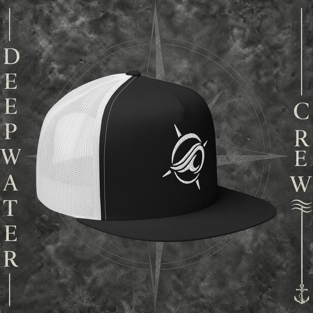 Black and white Deepwater Crew Co. Horizon five-panel flat-bill trucker hat with white mesh back and white embroidered wave-and-compass logo.