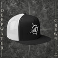 Black and white Deepwater Crew Co. Horizon five-panel flat-bill trucker hat with white mesh back and white embroidered wave-and-compass logo.