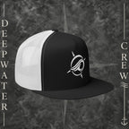 Black and white Deepwater Crew Co. Horizon five-panel flat-bill trucker hat with white mesh back and white embroidered wave-and-compass logo.