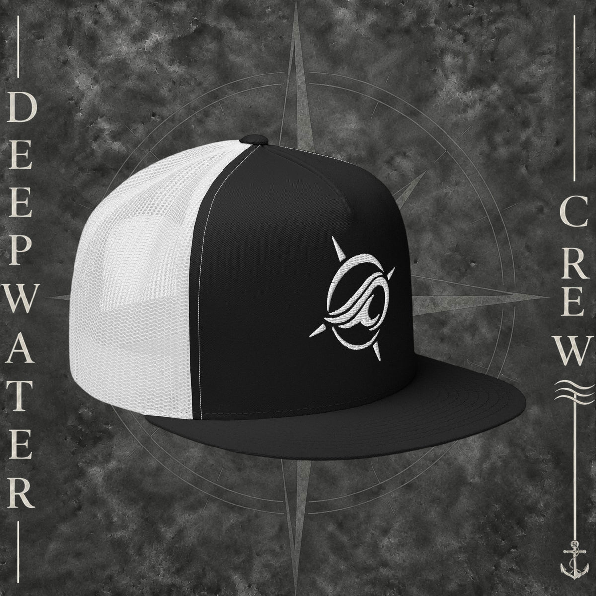 Black and white Deepwater Crew Co. Horizon five-panel flat-bill trucker hat with white mesh back and white embroidered wave-and-compass logo.
