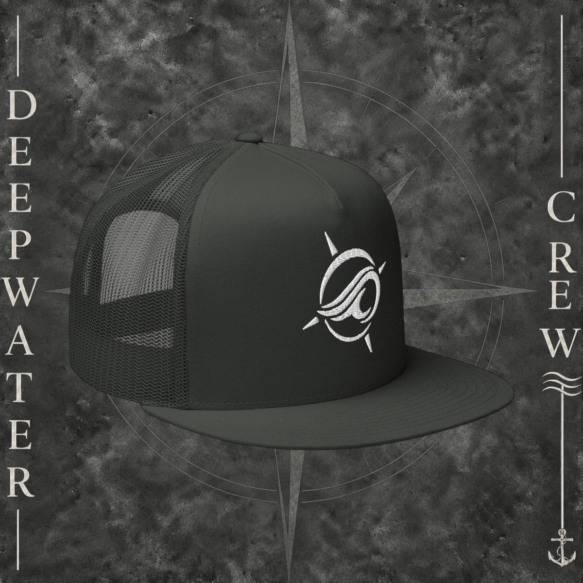 Charcoal Deepwater Crew Co. Horizon five-panel flat-bill trucker hat with charcoal mesh back and white embroidered wave-and-compass logo.