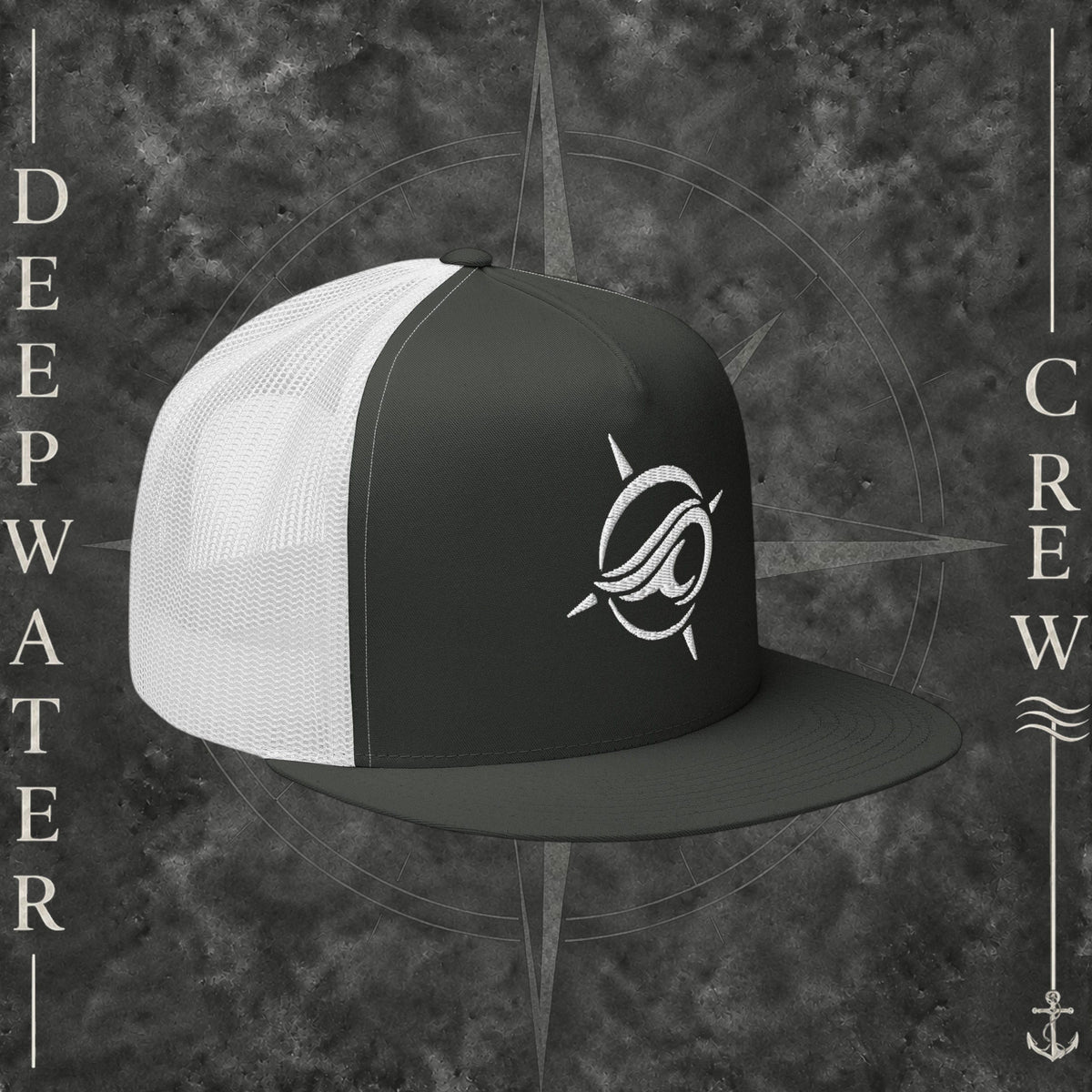 Charcoal and white Deepwater Crew Co. Horizon five-panel flat-bill trucker hat with white mesh back and white embroidered wave-and-compass logo.