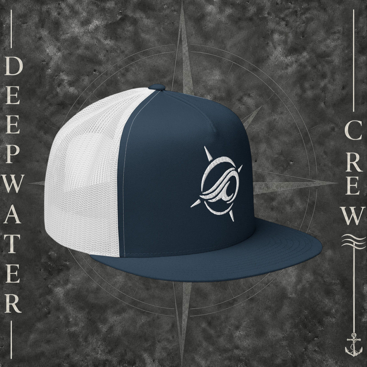 Navy and white Deepwater Crew Co. Horizon five-panel flat-bill trucker hat with white mesh back and white embroidered wave-and-compass logo.