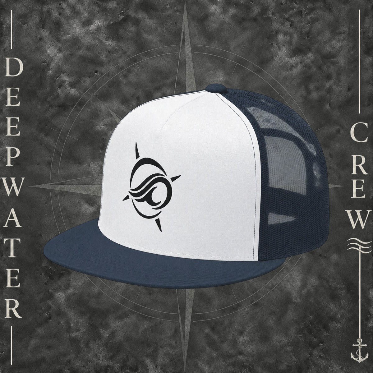 Navy and white Deepwater Crew Co. Horizon five-panel flat-bill trucker hat with navy mesh back and bill, white front panel, and black embroidered wave-and-compass logo.