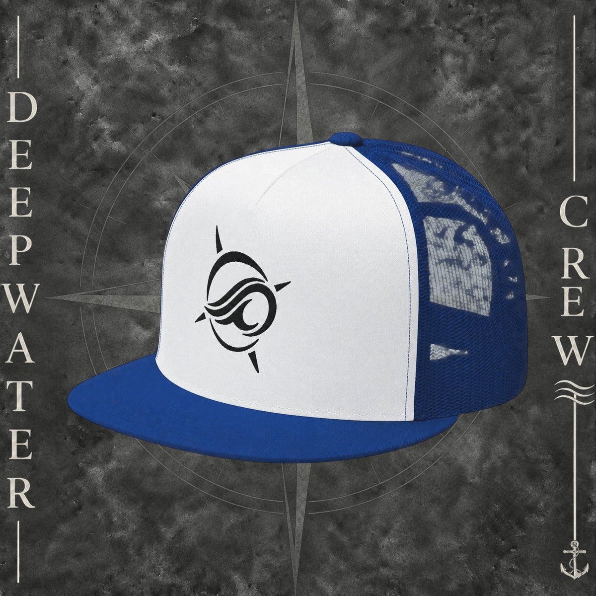 Royal blue and white Deepwater Crew Co. Horizon five-panel flat-bill trucker hat with royal mesh back and bill, white front panel, and black embroidered wave-and-compass logo.