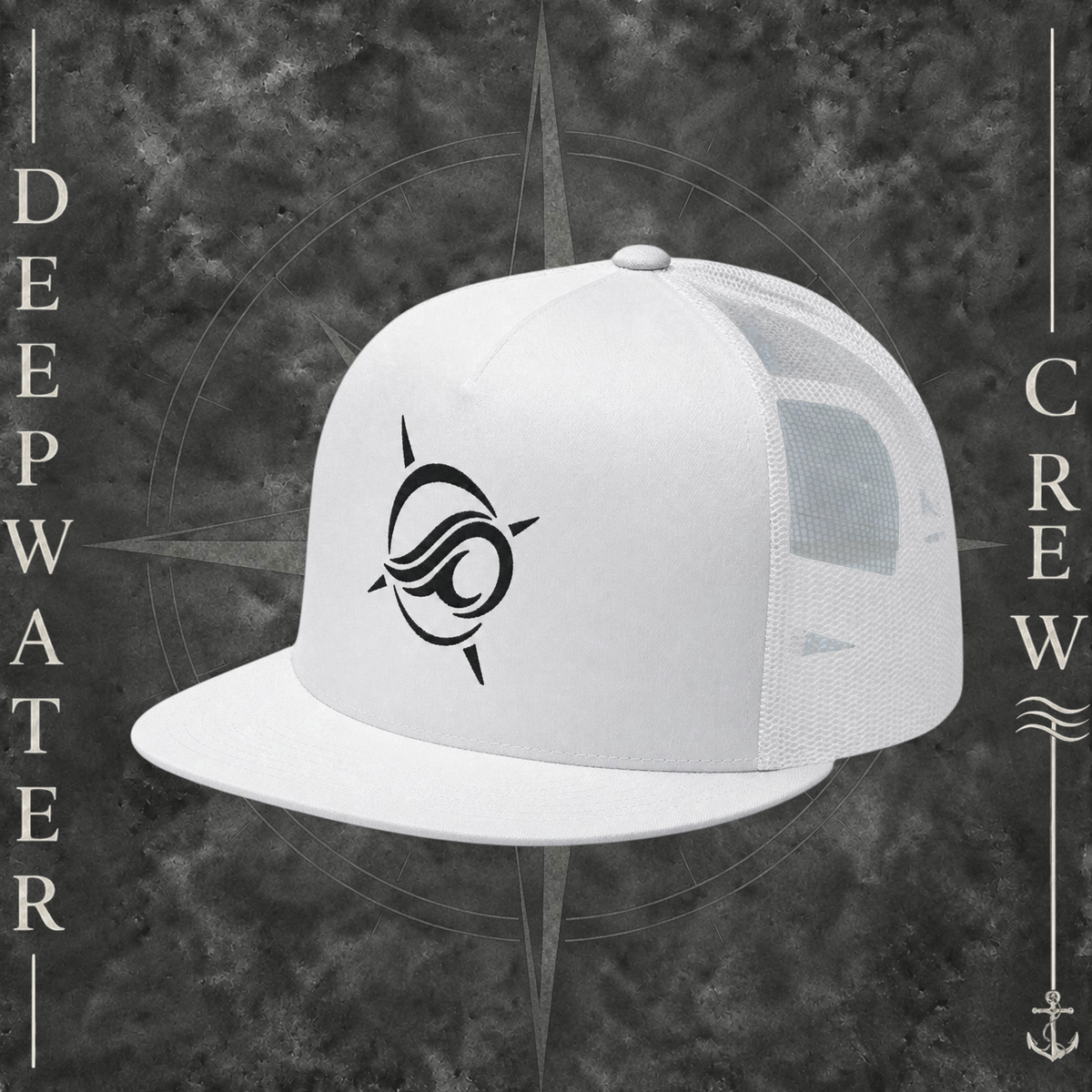 White Deepwater Crew Co. Horizon five-panel flat-bill trucker hat with white mesh back and black embroidered wave-and-compass logo.
