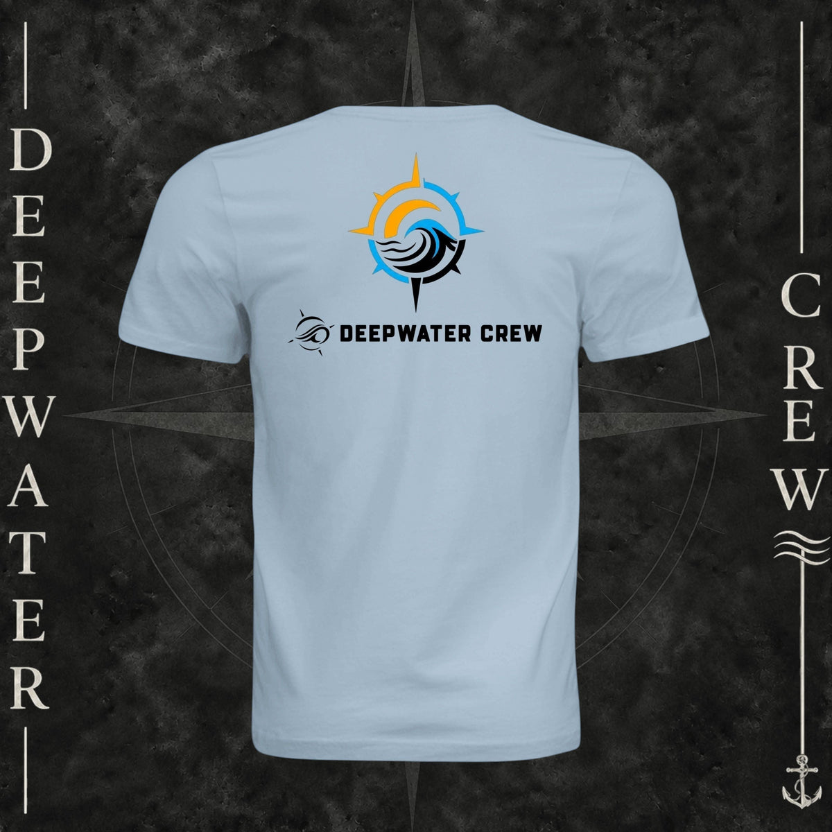 Light Blue Deepwater Crew Co. Horizon crewneck T-shirt, back view with compass star, sun, and wave design above Deepwater Crew lettering.