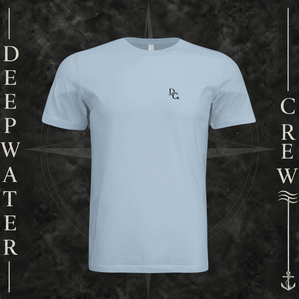 Light Blue Deepwater Crew Co. Horizon crewneck T-shirt, front view with small DC wave chest logo.