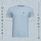 Light Blue Deepwater Crew Co. Horizon crewneck T-shirt, front view with small DC wave chest logo.