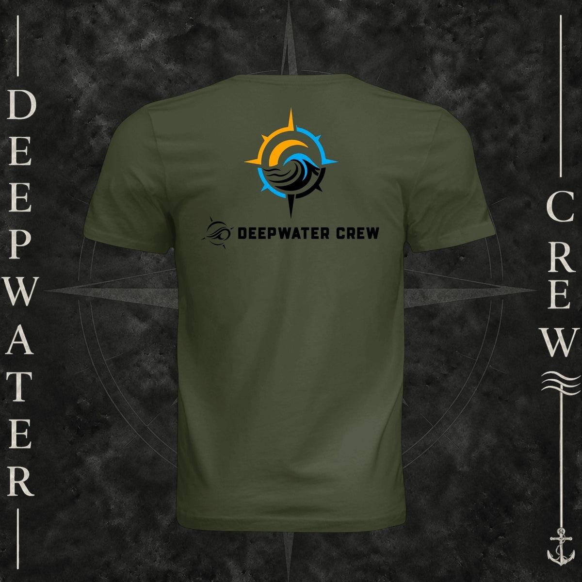 Military Green Deepwater Crew Co. Horizon crewneck T-shirt, back view with compass star, sun, and wave design above Deepwater Crew lettering.