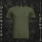 Military Green Deepwater Crew Co. Horizon crewneck T-shirt, front view with small DC wave chest logo.