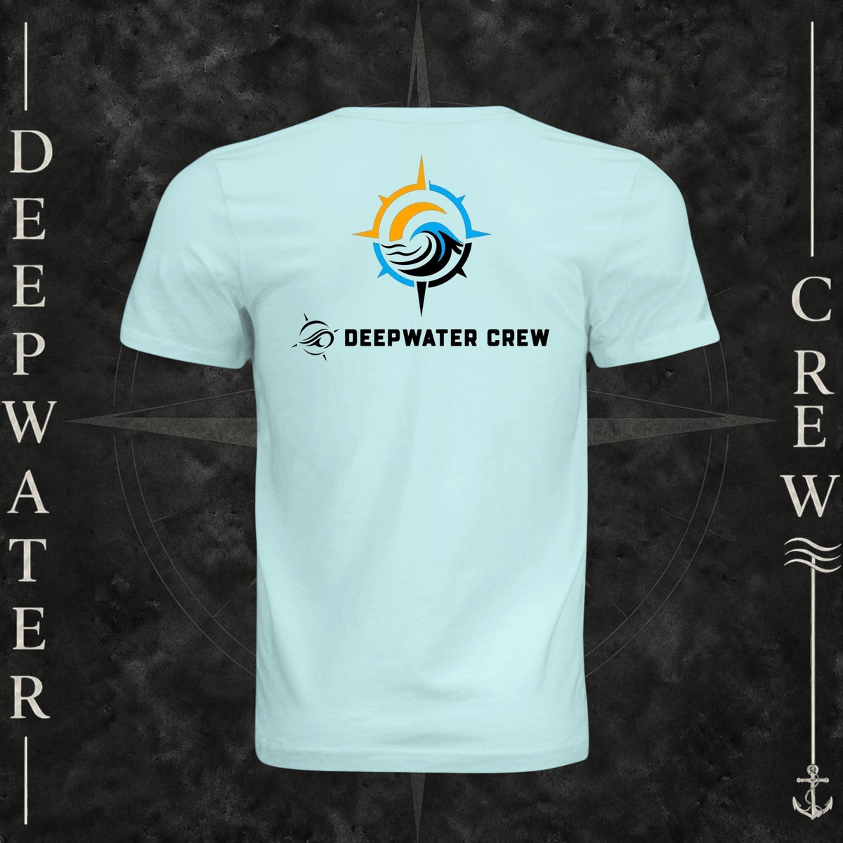 Mint Green Deepwater Crew Co. Horizon crewneck T-shirt, back view with compass star, sun, and wave design above Deepwater Crew lettering.
