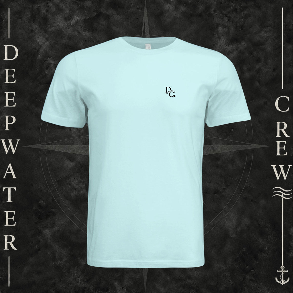 Mint Green Deepwater Crew Co. Horizon crewneck T-shirt, front view with small DC wave chest logo.