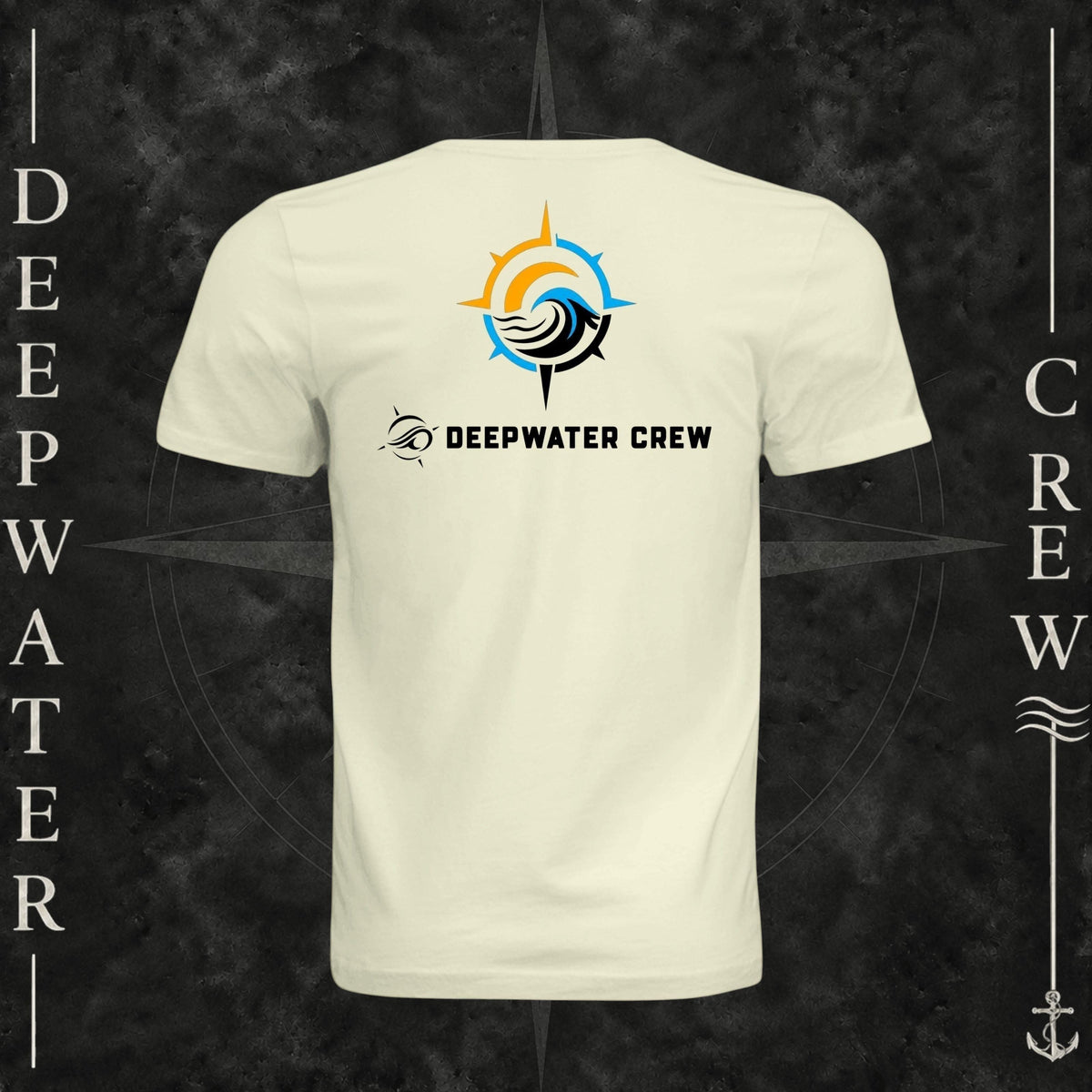 Natural Deepwater Crew Co. Horizon crewneck T-shirt, back view with compass star, sun, and wave design above Deepwater Crew lettering.