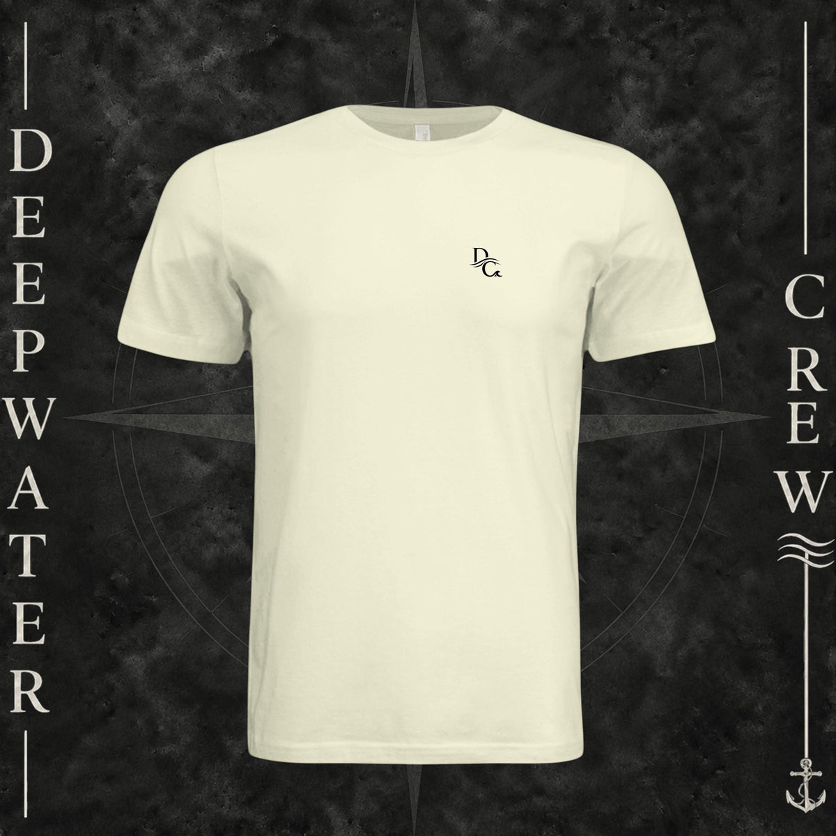 Natural Deepwater Crew Co. Horizon crewneck T-shirt, front view with small DC wave chest logo.