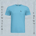Ocean Blue Deepwater Crew Co. Horizon crewneck T-shirt, front view with small DC wave chest logo.