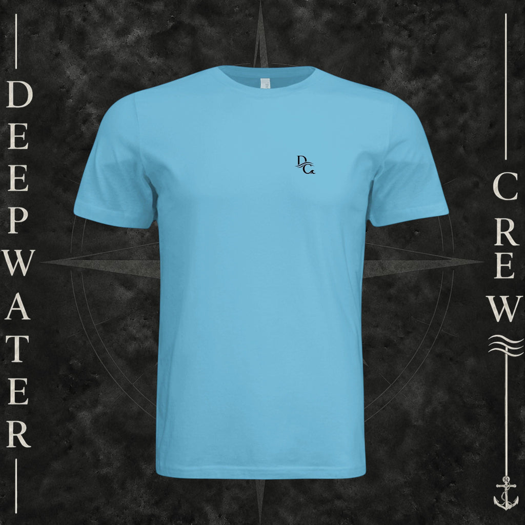 Ocean Blue Deepwater Crew Co. Horizon crewneck T-shirt, front view with small DC wave chest logo.